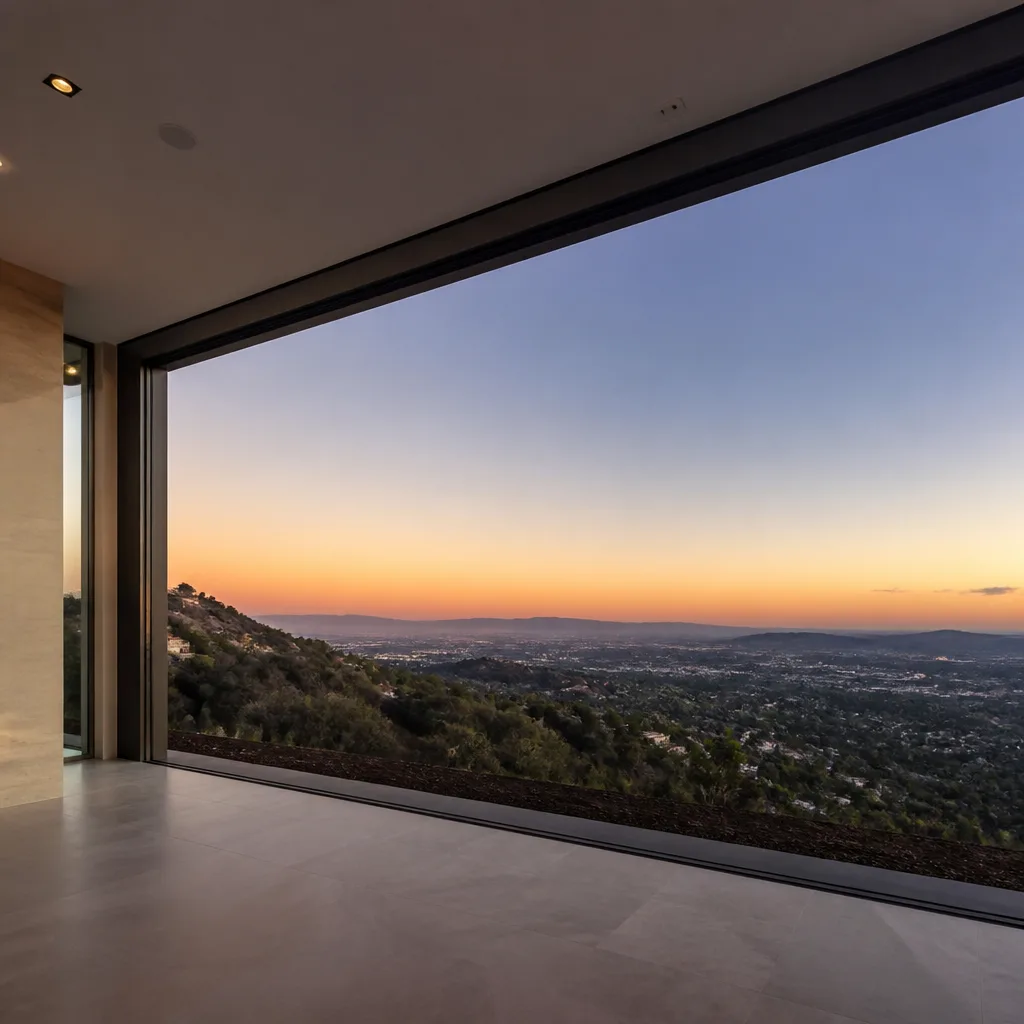 Modern floor-to-ceiling glass wall framing a scenic sunset mountain view in Royal Palm Beach, FL