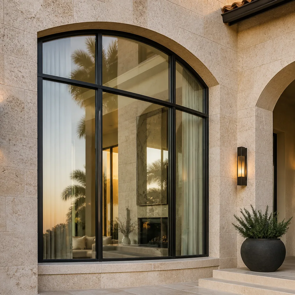 Custom arched window installation with black frame in stone facade in Royal Palm Beach, FL