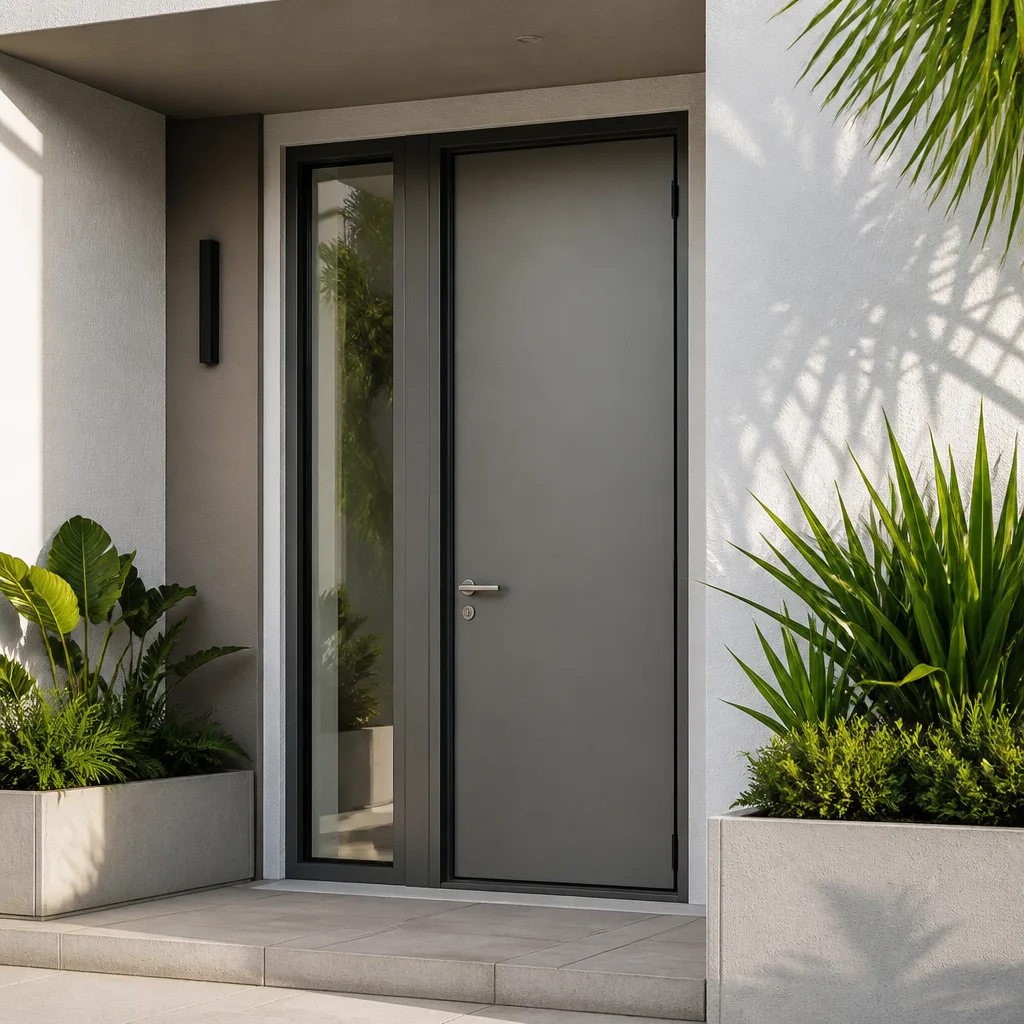 Modern gray residential entry door installation with glass side light in Royal Palm Beach, FL