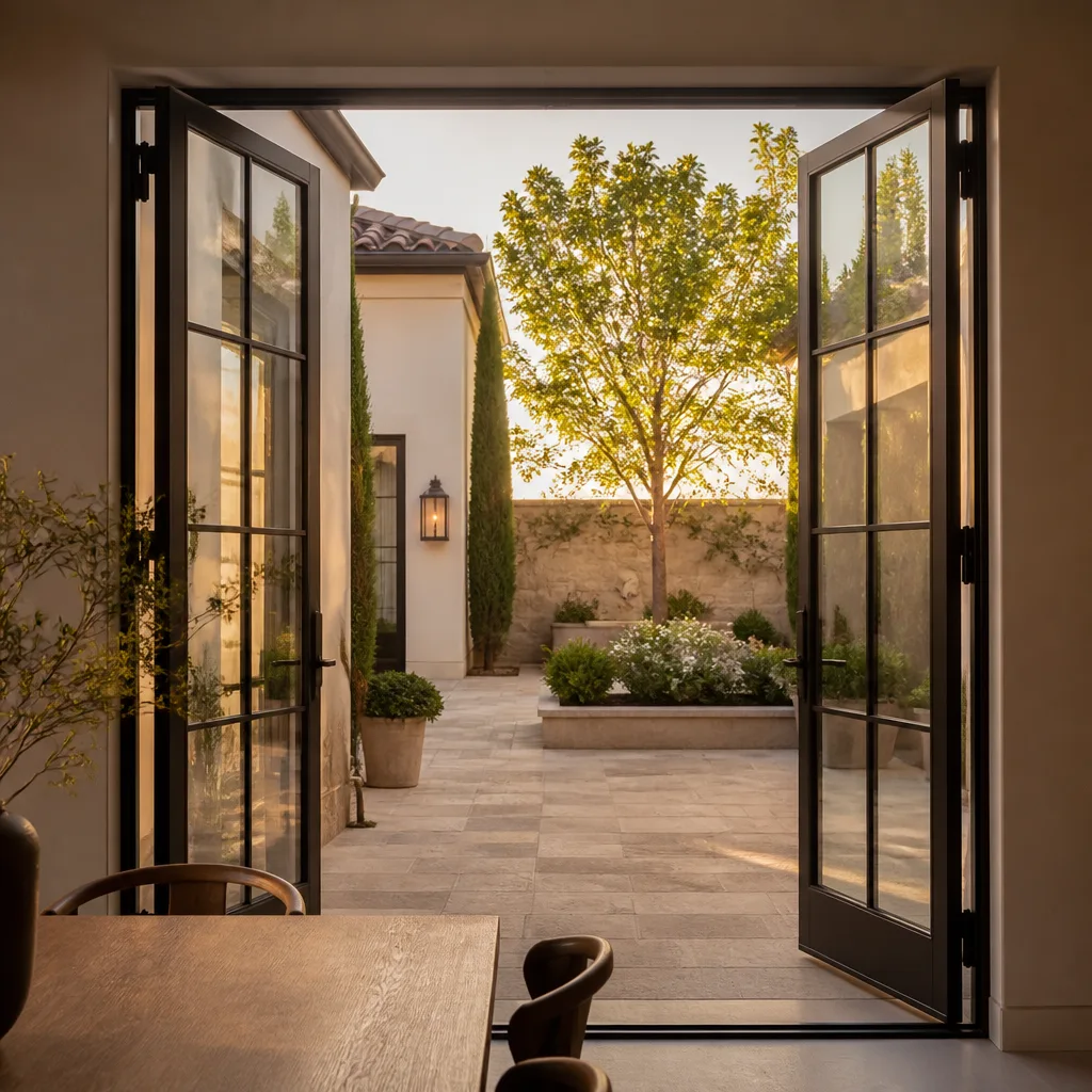 Custom black-framed French door installation overlooking a beautiful sunlit courtyard. in Royal Palm Beach, FL
