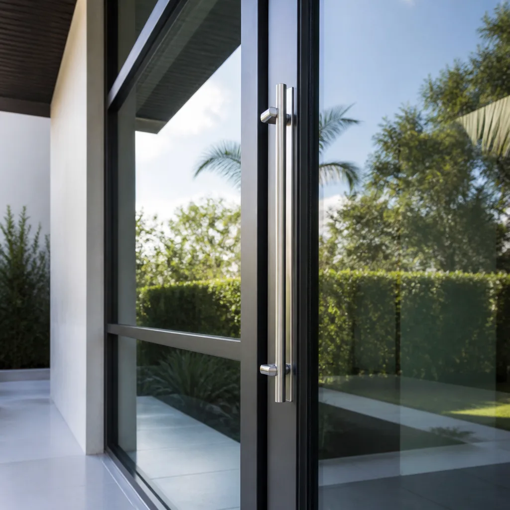 Modern glass door installation with sleek metal handle and garden view