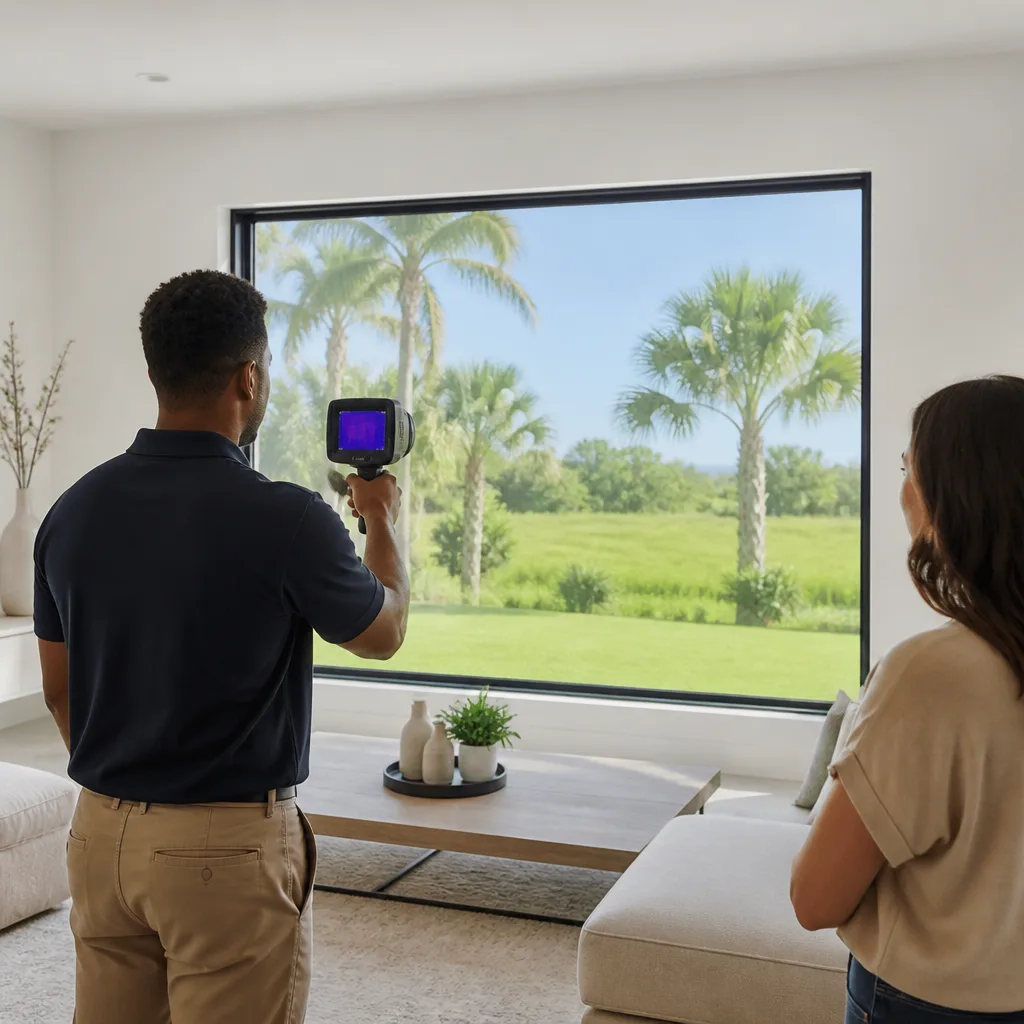 Professional performing energy efficiency inspection on a modern window in Royal Palm Beach, FL