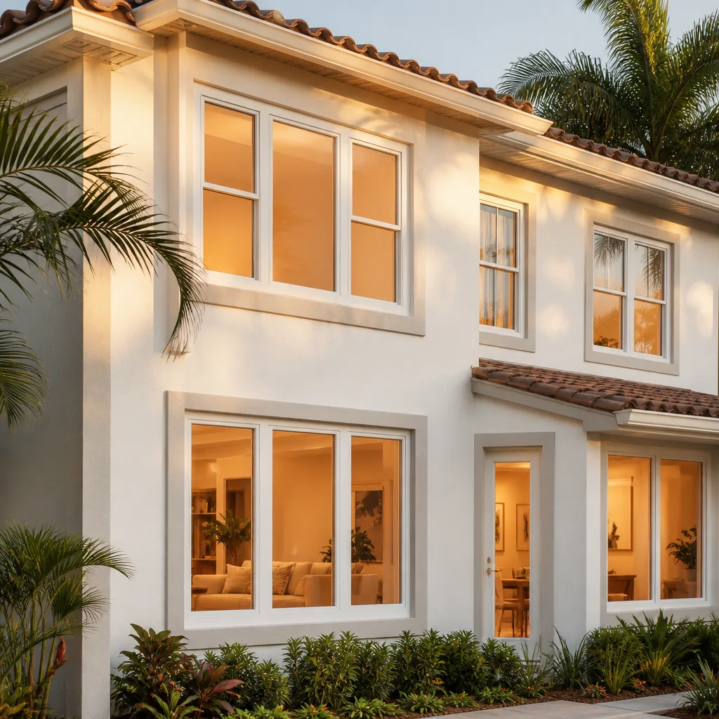 Energy-efficient replacement windows installed on a modern two-story luxury home exterior. in Royal Palm Beach, FL