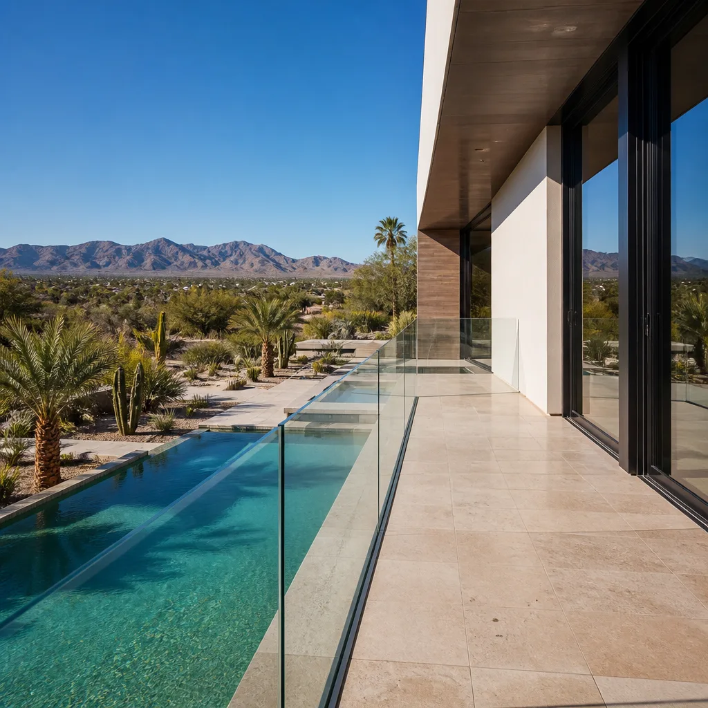 Modern glass railing system installed on a luxury home patio in Royal Palm Beach, FL