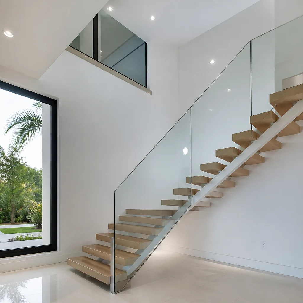 Modern floating staircase with frameless glass railing system and large window in Royal Palm Beach, FL