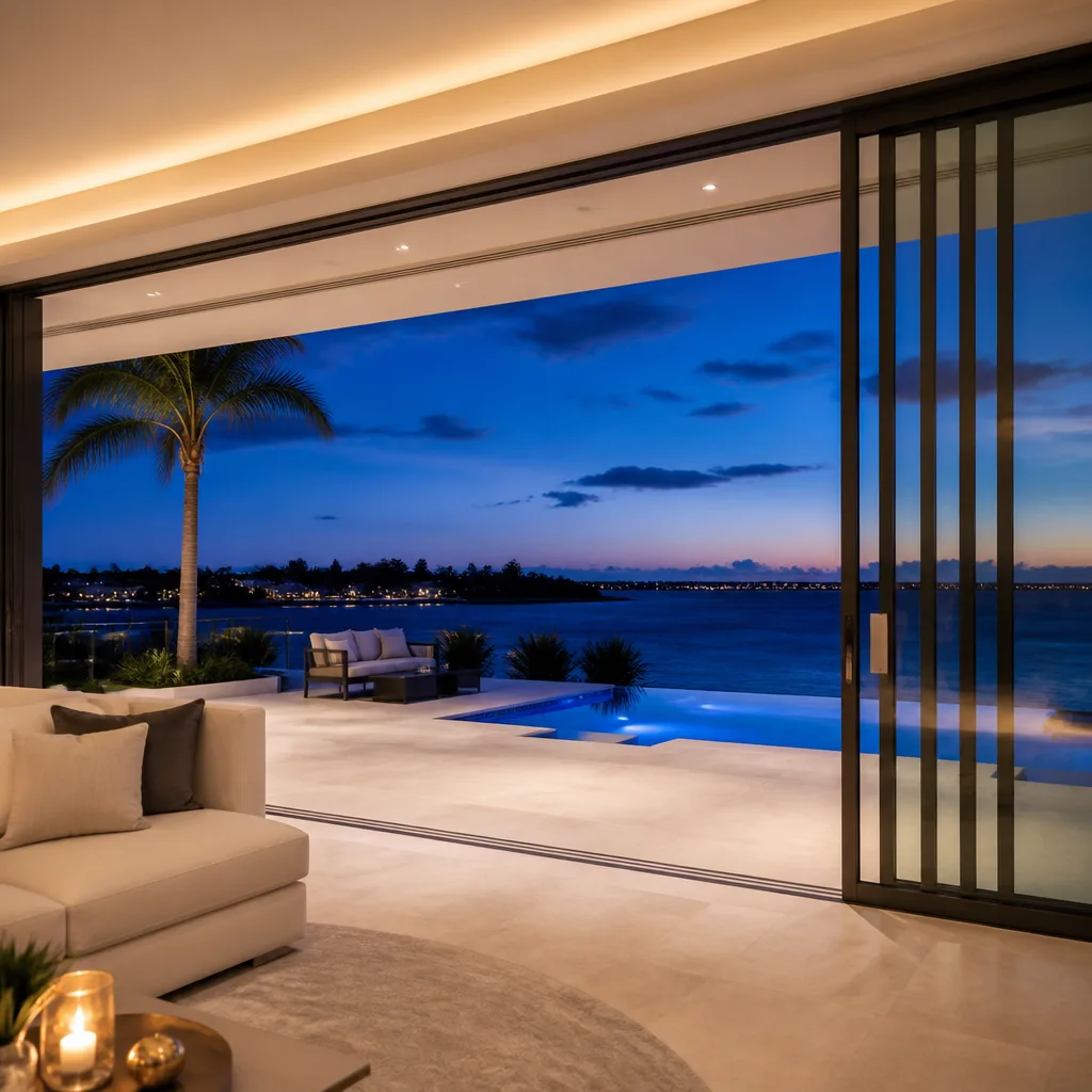 Modern sliding glass patio doors opening to a luxury waterfront deck in Royal Palm Beach, FL