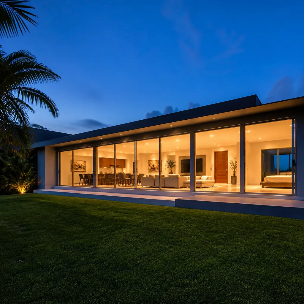 Modern house with large sliding glass patio doors at night in Royal Palm Beach, FL