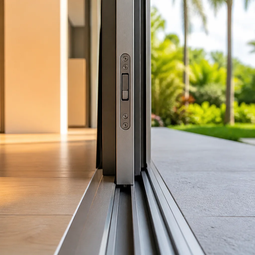 Close-up of a modern sliding glass door track and locking hardware in Royal Palm Beach, FL