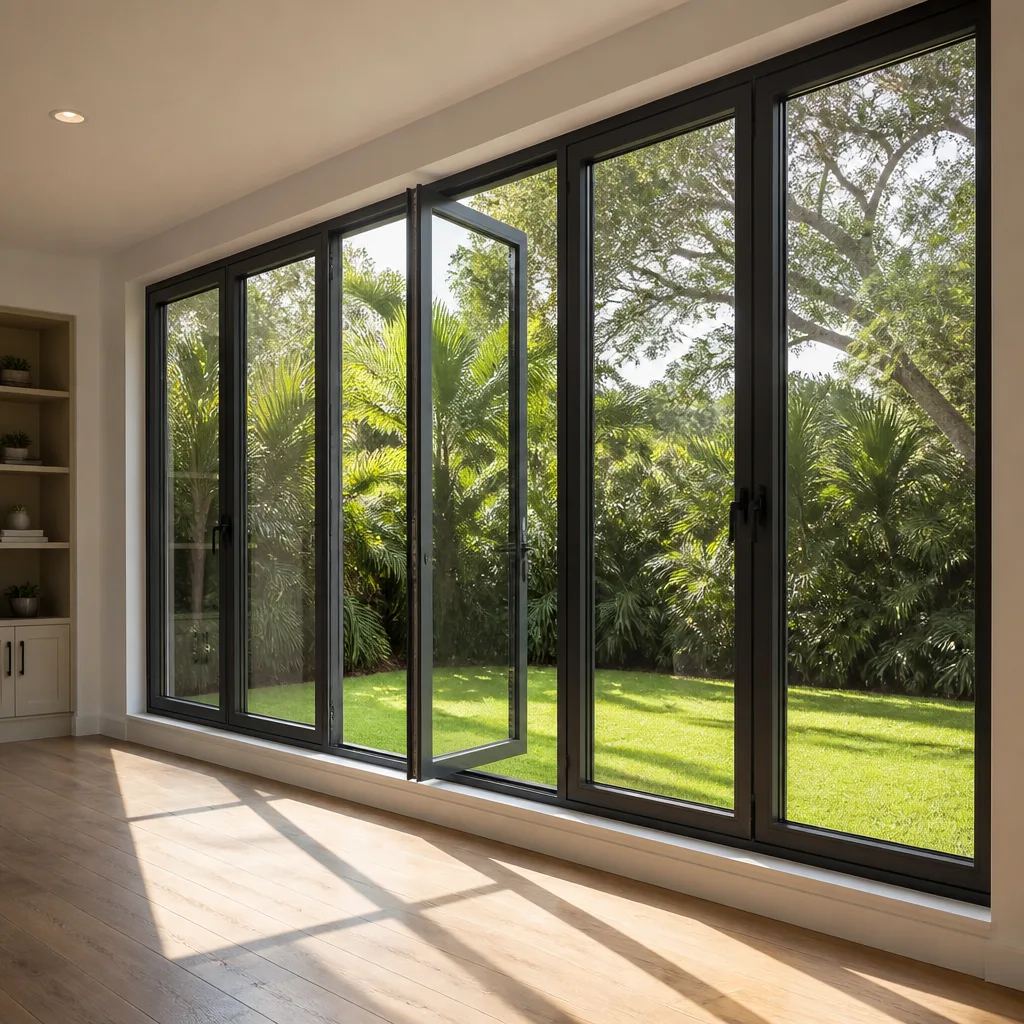 Modern black-framed bi-fold glass patio doors installed in a bright room