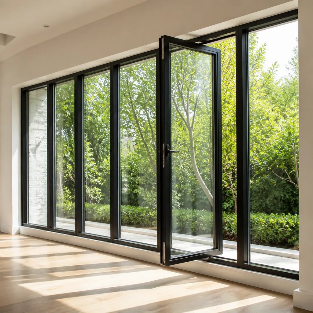 Modern black-framed window and door installation with scenic garden view in Royal Palm Beach, FL