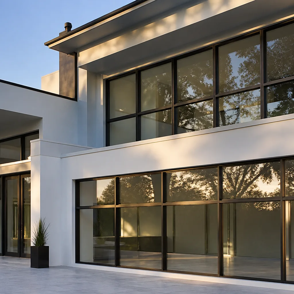 Modern residential home with new large black-framed windows and doors