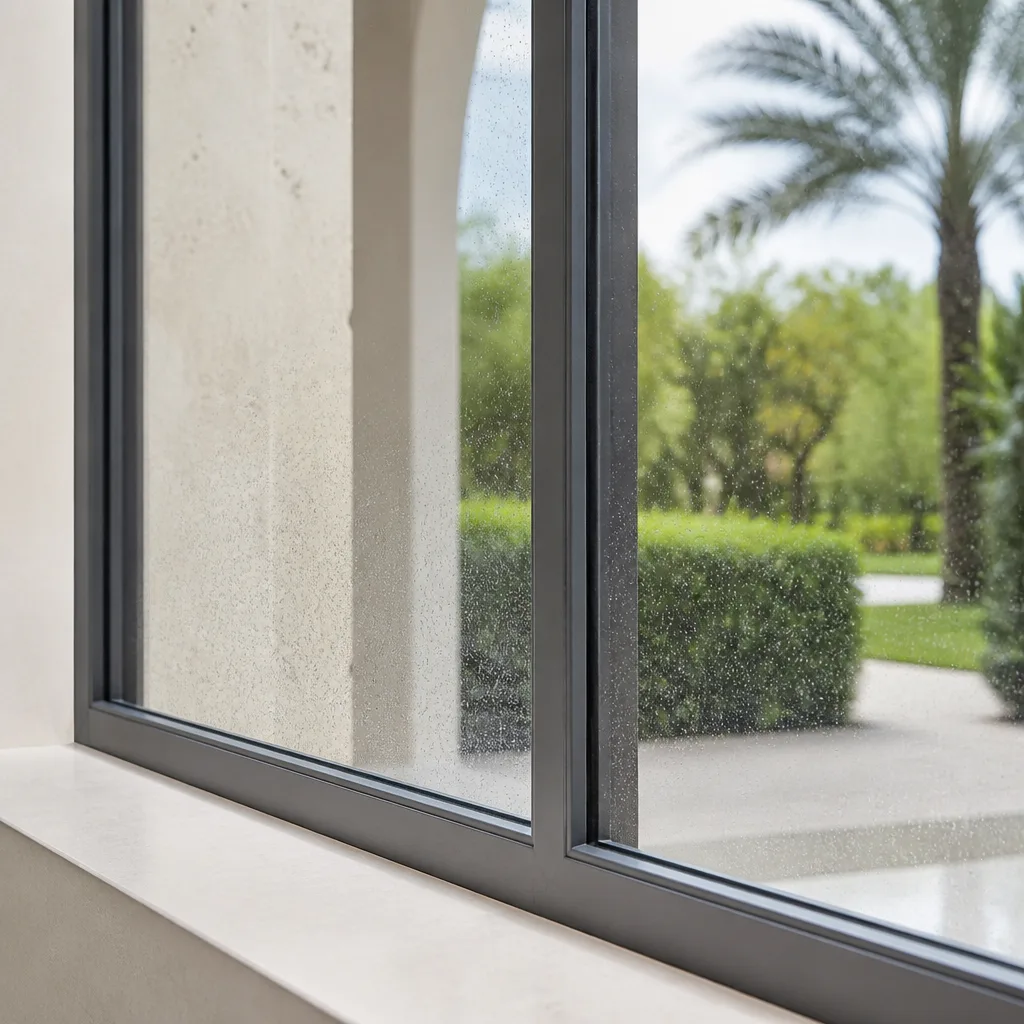 Modern window installation with black frames overlooking a lush garden.