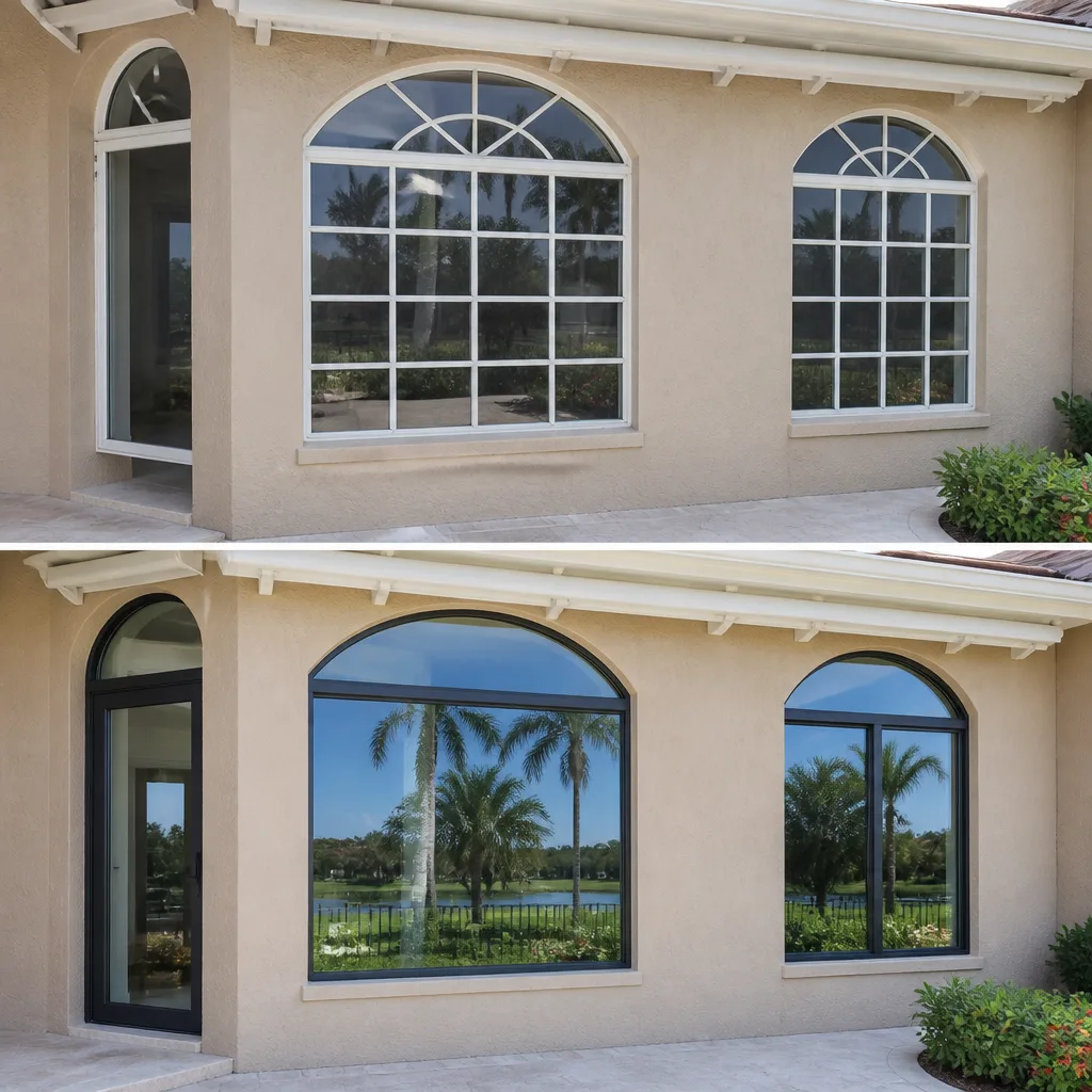 home exterior before and after professional window and door replacement in Royal Palm Beach, FL