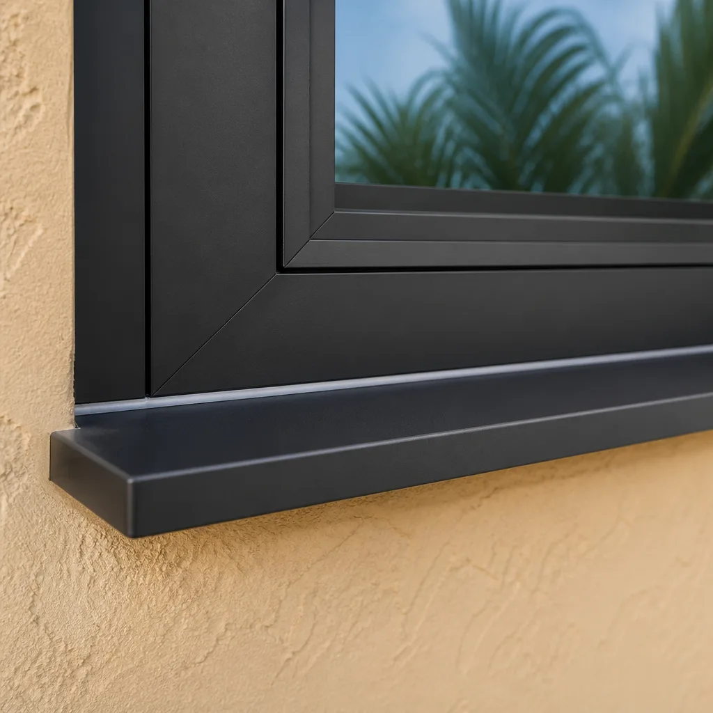 Modern dark window frame installation on textured beige exterior wall in Royal Palm Beach, FL